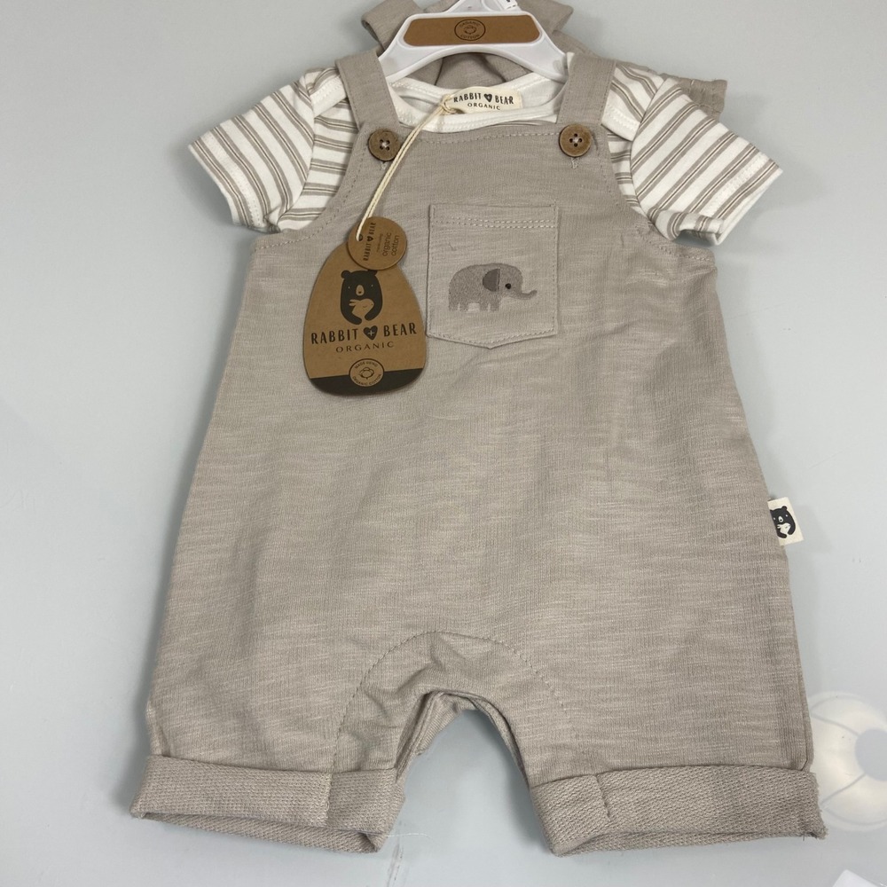 Rabbit Bear Boys 3-6M Tan Organic Cotton Overalls Bodysuit Hat Set NEW Elephant